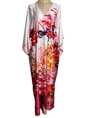 Natori Floral Watercolor Caftan Maxi Dress Kimono Sleeve V-Neck Lounge Kaftan